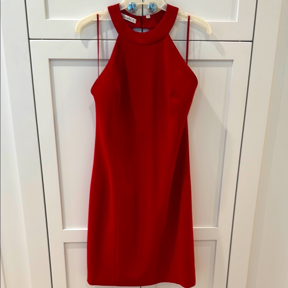 Tahari Red Halter Sheath Dress above knee 6 8 princess seams